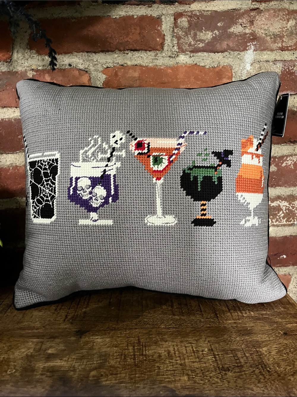 Martha Stewart Gray Halloween Cocktail Embroidered Pillow
